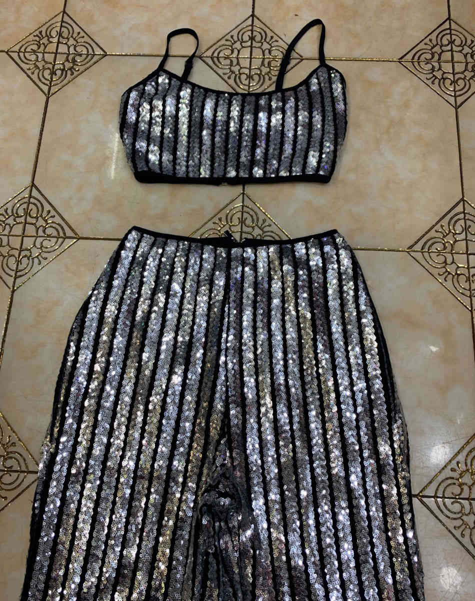 Free Fashion Women's Suit Sequined Spaghetti Strap Sleeveless Short Tank Top & Pants 2 Two Piece Set 210524