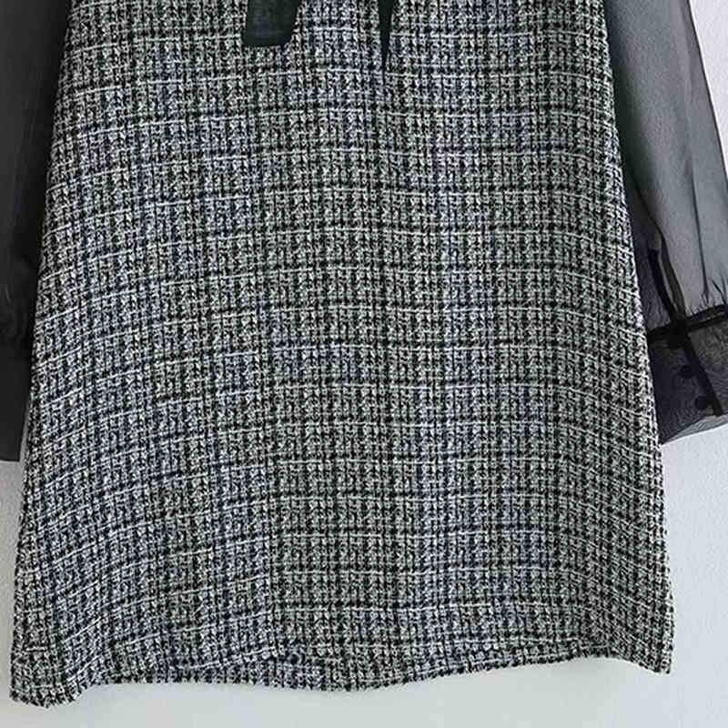 Vintage Women Bow Tie Collar Patchwork Mini Dress Elegant Ladies See Through Sleeve Clothes Loose Female Tank 210515