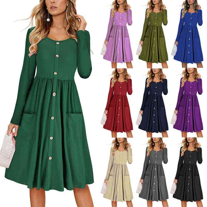 autumn 2019 round neck button waist pocket skirt british style solid color long sleeve dress women's wear, Black;gray
autumn 2019 round neck button waist pocket skirt british style solid color long sleeve dress women's wear, Black;gray
