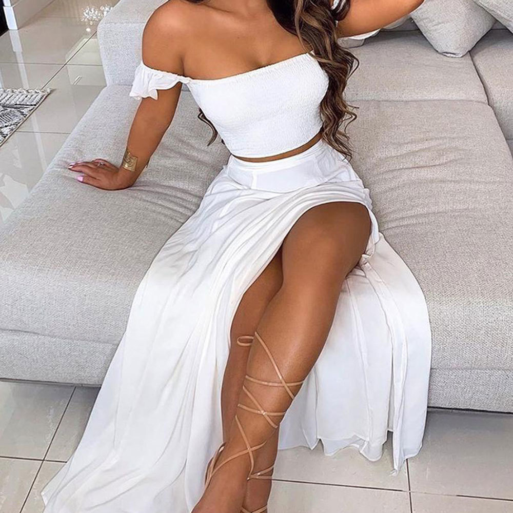Women Summer Off-Shoulder Polkadot Print Tube Top And Chiffon Split Printing Tie Dye Long Skirt Two Piece Sets 210428