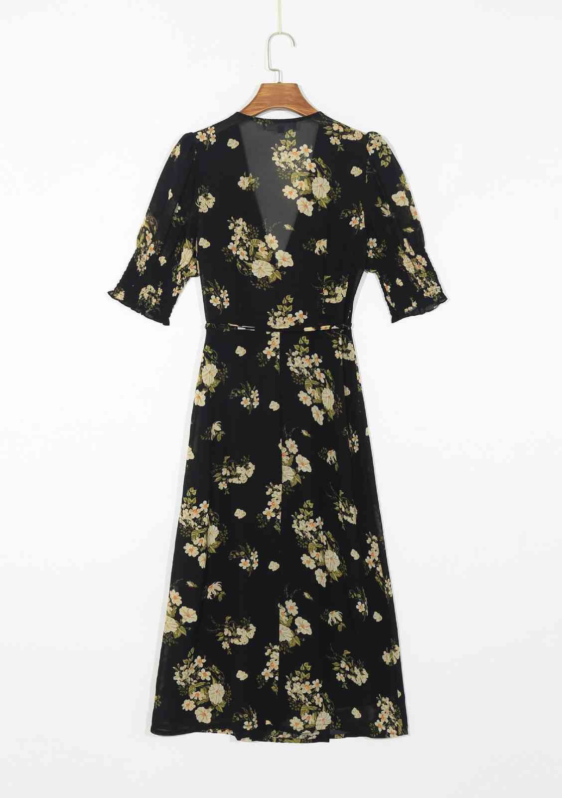 French V neck Front Slit Flower Wrap Dress Holiday Woman Tie Bow Lace up Waist Short Sleeve Below Knee Tea Dresses Vestido 210429