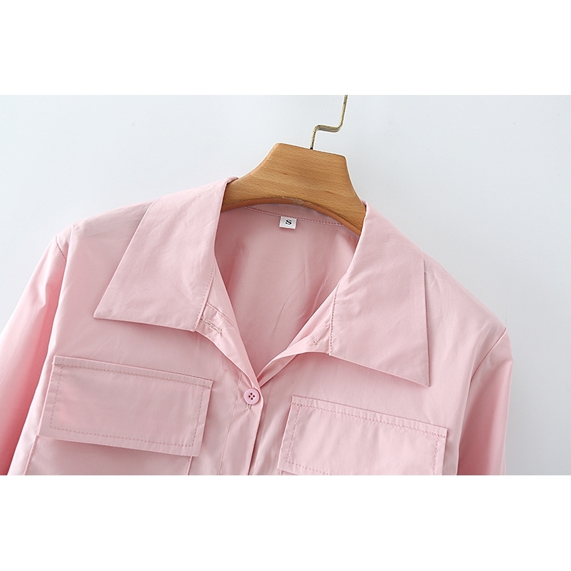 Elegant Women Solid Pink Shirts Fashion Ladies Turn Down Collar Streetwear Female Chic Pocket Short Blouses 210430