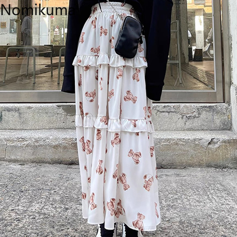 Nomikuma Chiffon Women Skirt Korean Cartoon Bear Printed Skirts Causal Ruffle Patchwork A-line Ankle-length Faldas Mujer 6G106 210427