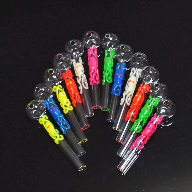 Colorful Luminous Handmade Glass Oil Burner Pipes Glow In The Dark Octopus Spider Thickness Glass Cool Gifts Pyrex Clear Smoke Nail Burning Accessories 4.1 Inch