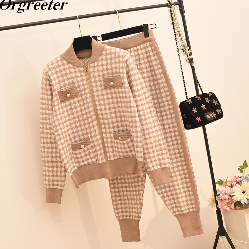 est Vintage Hit color Plaid Sweatersuit Women England Style Houndstooth Knitted Zip Cardigan Coat and Pants 2 Piece sets 210525, Khaki
est Vintage Hit color Plaid Sweatersuit Women England Style Houndstooth Knitted Zip Cardigan Coat and Pants 2 Piece sets 210525, Khaki