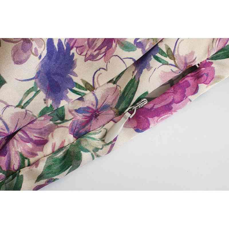 Retro Purple Flower Print Stitching Ruffles Ruched Waist Long sleeve Like Silk Short Dress Woman French Mini Tea Dresses 210429