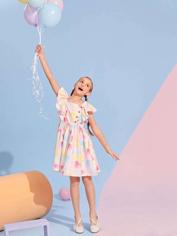 Girls Square Neck Button Front Ruffle Armhole Dress SHE