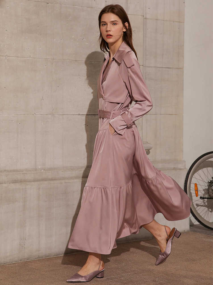 Minimalism Spring Women's Coat Causal Solid Lapel Bouble Bresated Long Women Trench Female Dress 12140014 210527