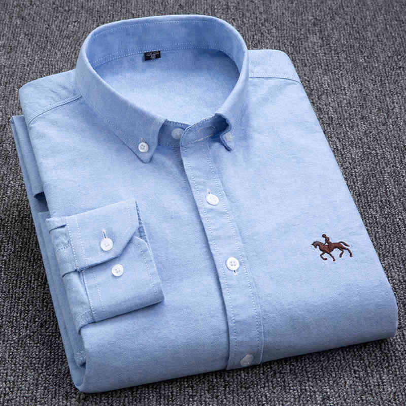 100% Cotton Oxford Shirt Men's Long Sleeve Embroidered Horse Casual Without Pocket Solid Yellow Dress Shirt Men Plus Size 5XL6XL 210410