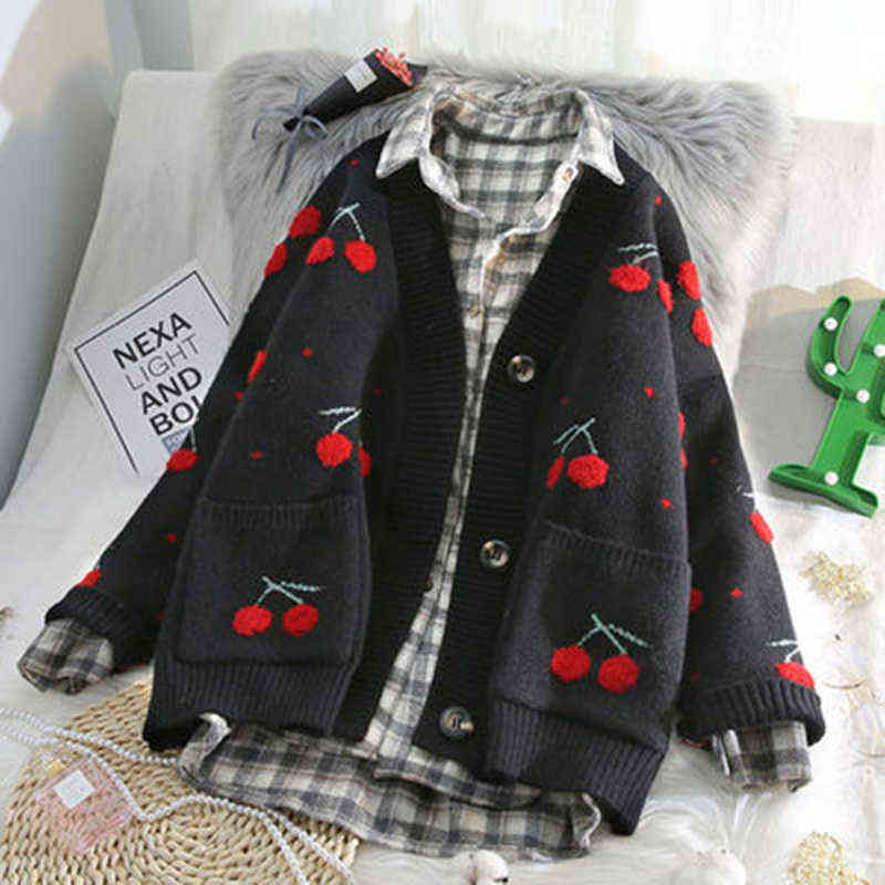 AZYT Fruit Cherry Embroidery Knitted Cardigan Autumn Winter V Neck Oversize Woman Sweater Cardigan Jacket Warm Knitwear 211117