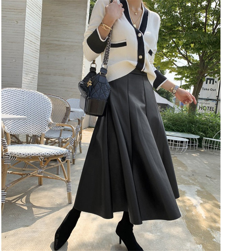 All Match Minimalist High Quality Chic Fashion PU Leather Winter Retro Slender Waist A-Line Long Flare-Skirts 210421