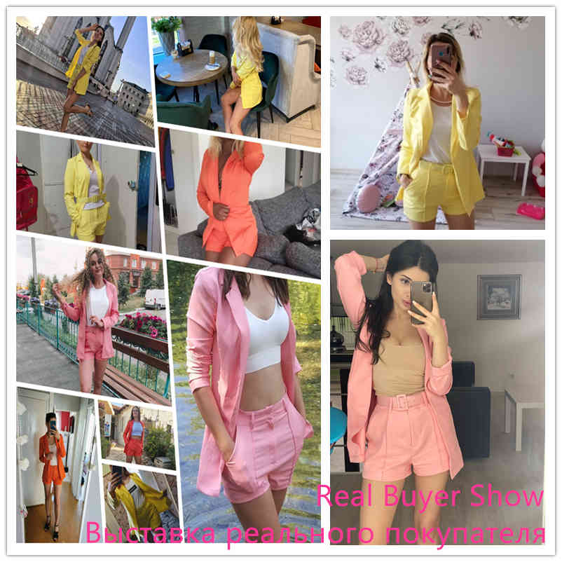 Women Sets Autumn long sleeve cardigan Blazer shorts solid two-piece Lady Casual Short Suits Clearance 210427