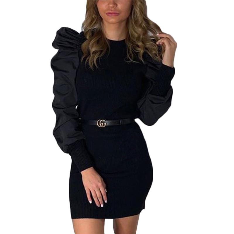 Women Lady Elegant Long Puff Sleeve Pencil Dresses Sexy Patchwork Slim Club Party Bandage Bodycon Mini Dress Outfit Female 2021 Casual