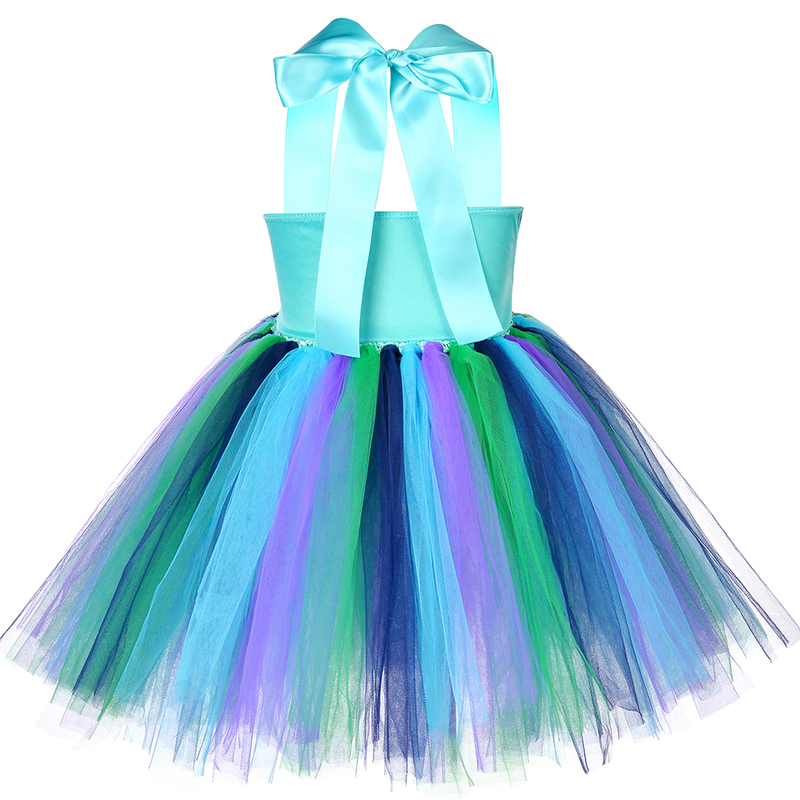 Flower Feathers Girls Peacock Tutu Dress Kids Tulle Princess Peacock Costume for Girls Pageant Halloween Birthday Party Gown 220309