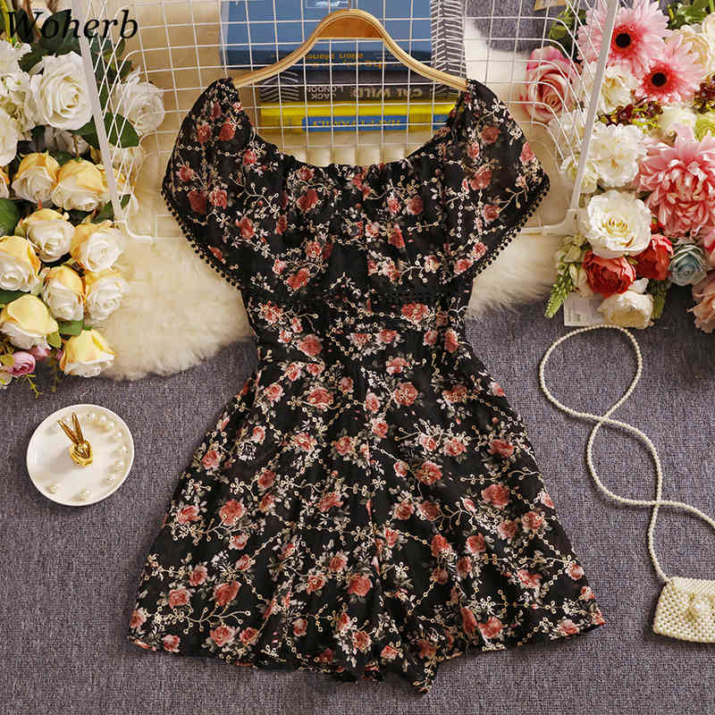 Womens Slash Neck Jumpsuit Summer Sexy Sweet Playsuit Ruffle Floral High Waist Wide Leg Short Fashion Chiffon Romper 210519
