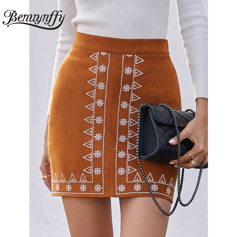 Side Zipper Embroidery Suede Skirt Women Spring Fall Streetwear Vintage High Waist Bodycon A-Line Mini Skirts 210510