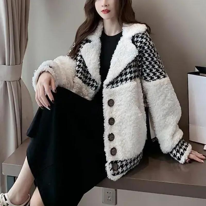 Women's Fur & Faux Woman Plaid Lamb Jacket Short Houndstooth Furry Coat