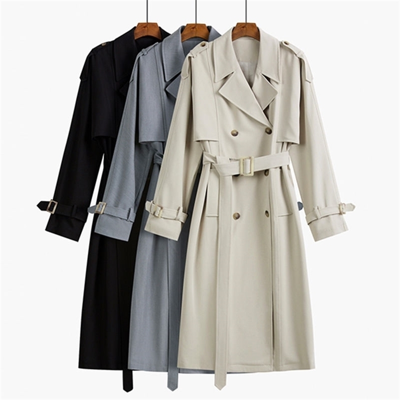 Double Breasted Trench Coat Women Office Lady Notched Collar Full Sleeve Overcoat With Belt Elegant Long Chic Outerwear 4091428 210820