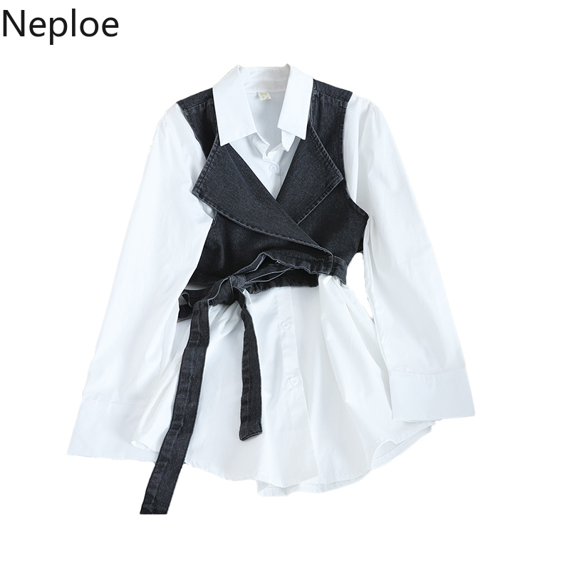 Neploe Women Blouse Fashion Korean Casual Loose Long Sleeve Turn Down Collar Solid Shirt Jeans Vest Office Lady Spring 1A158 210401