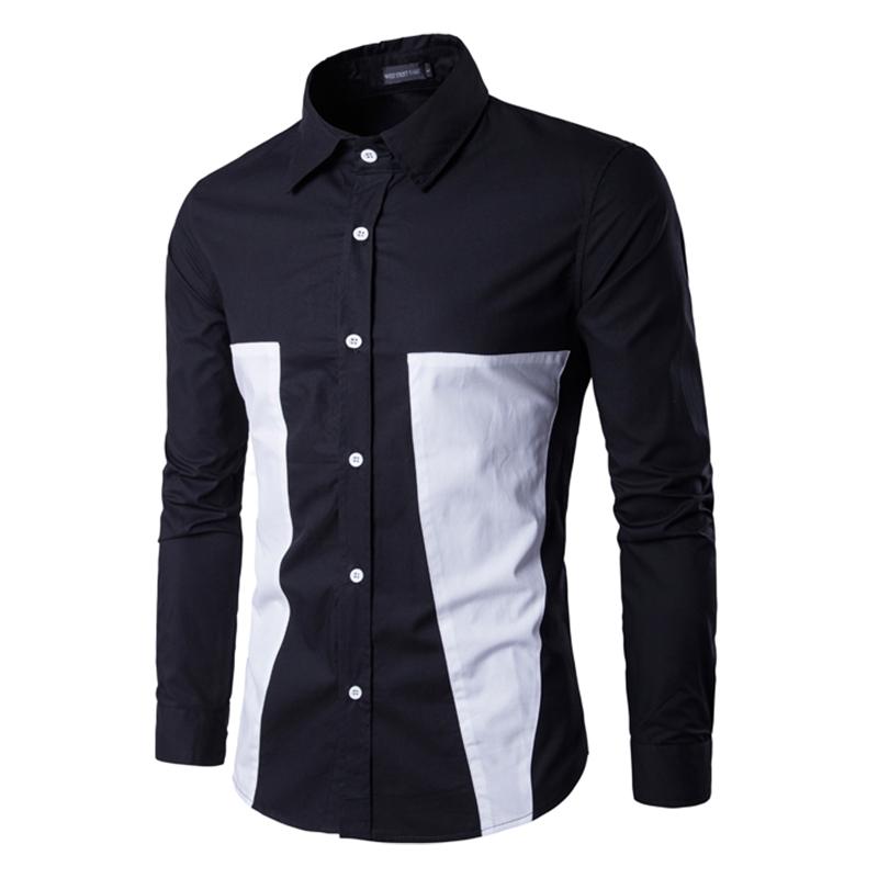 Color Patchwork Fashion Men's Shirts M-3XL Young Man Slim Fit Full Sleeve Geometric Print Casual Boy Clothes