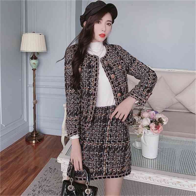Vintage Elegant Tweed Two Piece Sets Outfits Women Single-breasted Coat + Mini Skirt Suits Autumn Korean Ladies Sets Outfit 210515