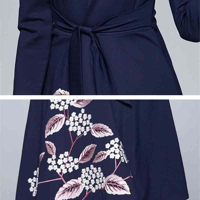 Women Bule Prints Dress Autumn French Elegant Grace Long Sleeve Lace up Crew neck A-line Embroidery 210506