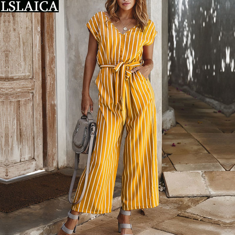 Casual women jumpsuit short sleeve V-neck loose fashion sexy bodysuit bandage bow striped print office 210520