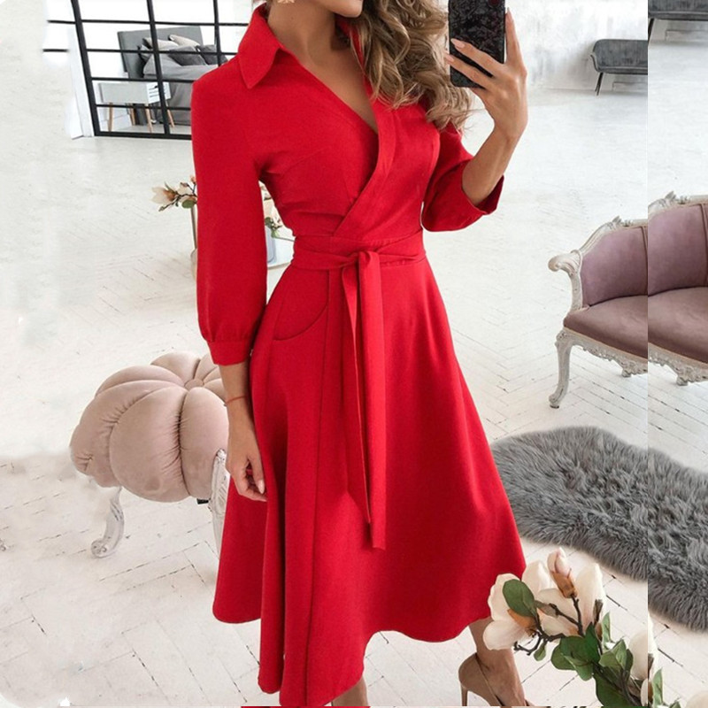 Women Casual Sashes A-Line Wrap Dress Ladies Print Long Sleeve V-Neck Pocket Elegant Office Lady Midi Party Vestidos 210522