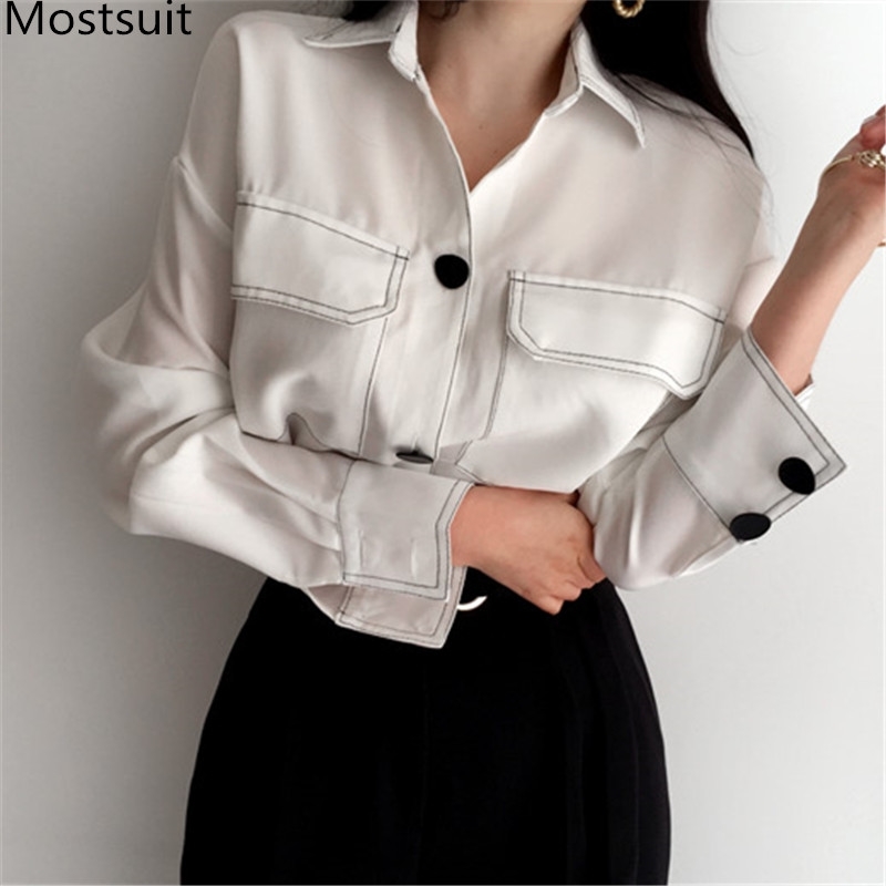 Korean Vintage Solid Blouses Shirts Women Long Sleeve Turn-down Collar Pockets Fashion Basic Casual Female Tops Blusas 210518, White
Korean Vintage Solid Blouses Shirts Women Long Sleeve Turn-down Collar Pockets Fashion Basic Casual Female Tops Blusas 210518, White