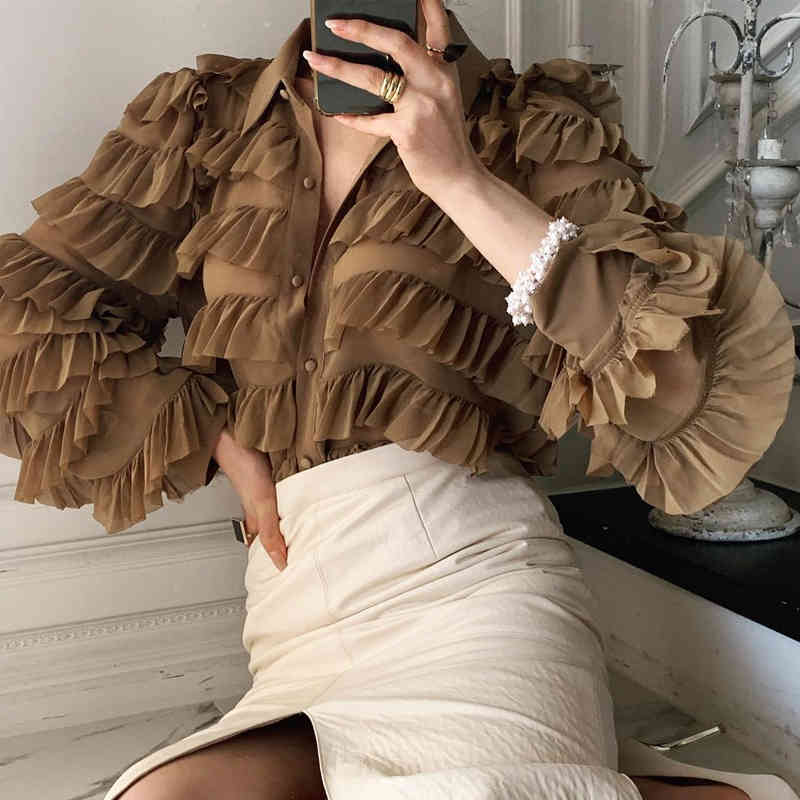 Long Sleeve Tops Loose Heavy Work Cupcake Ol Shirt Spring Korean Ruffles Blouse Women Turn Down Collar Feminino Blusas 13336 210508