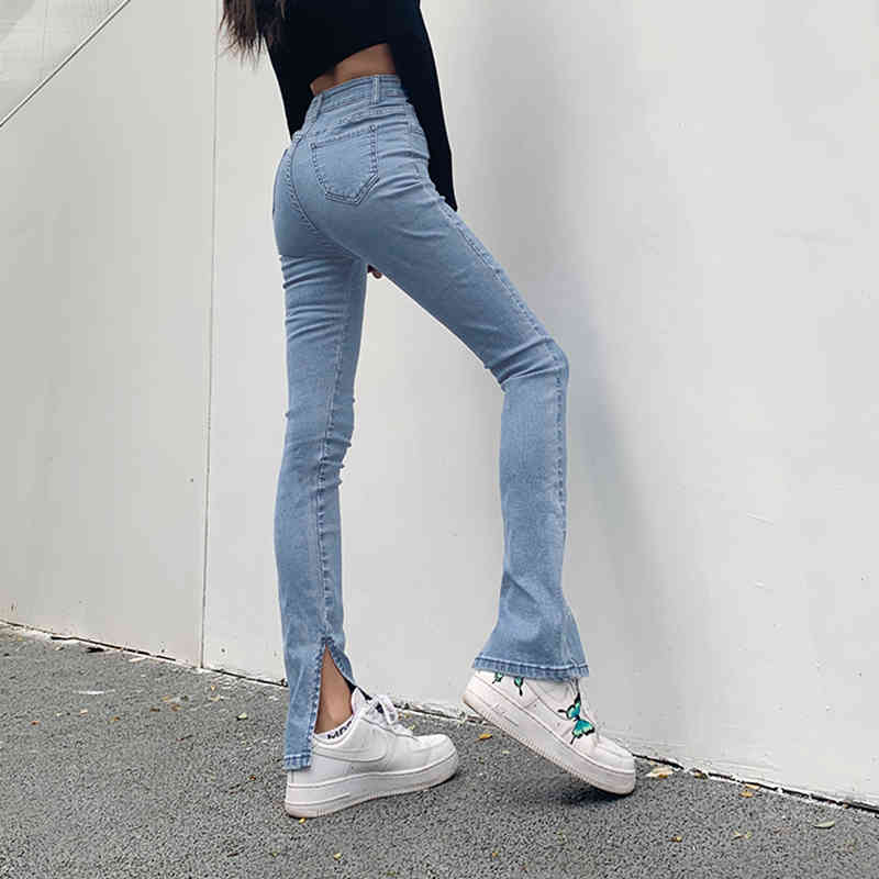 Stretch Jeans Woman High Waist Femme Split Pencil Tight Denim Skinny Trousers Flared Pants Women Donna Bell Bottom 210429