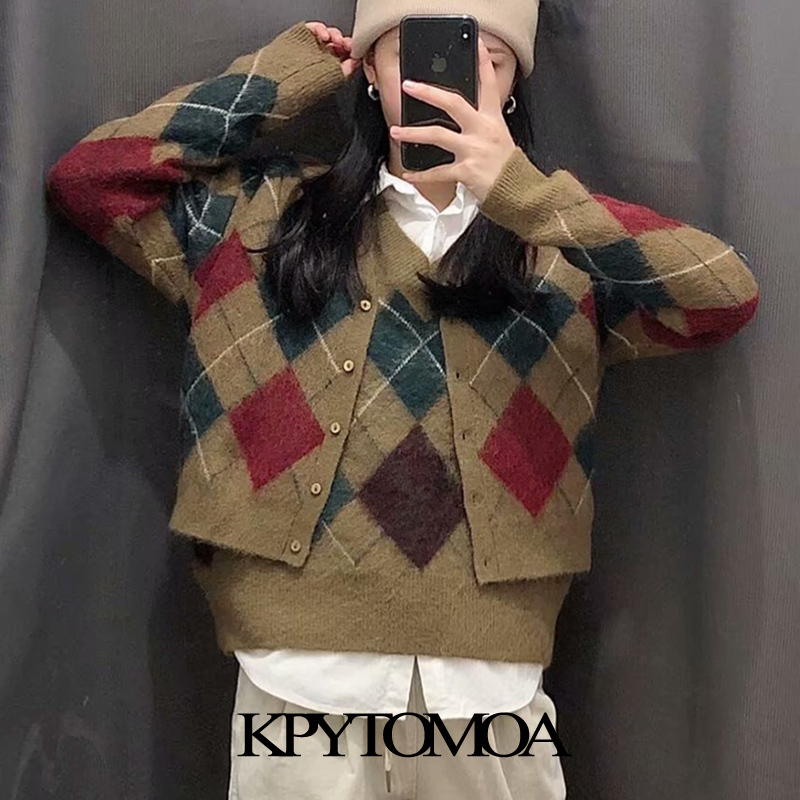 Women Fashion With Ribbed Trims Argyle Cardigan Sweater Long Sleeve Button-up Female Outerwear Chic Tops 210420
