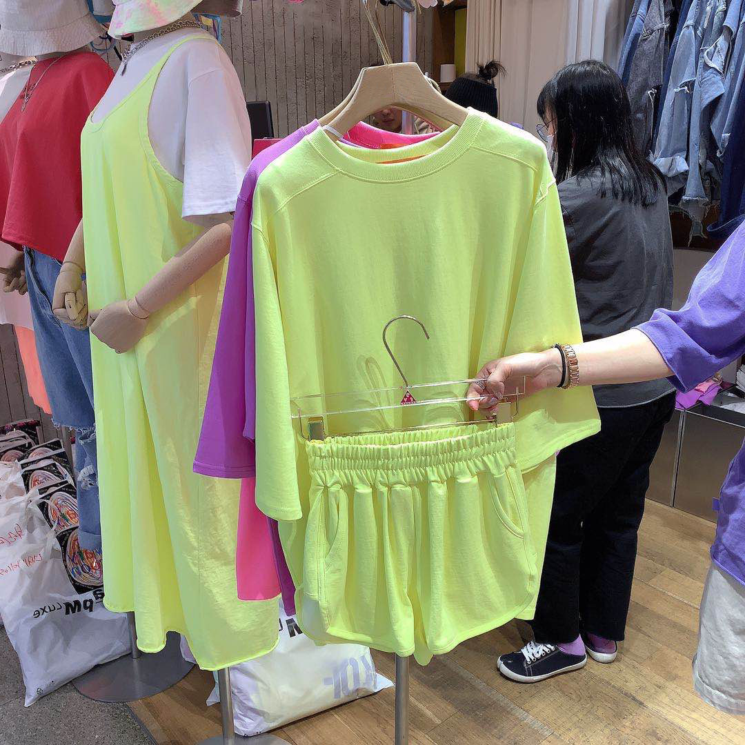 Matching Sets Summer Candy Color Plus Size Cotton Thin Fashion Casual O Neck Short Sleeve T Shirts Tops Clothing Shorts 210429