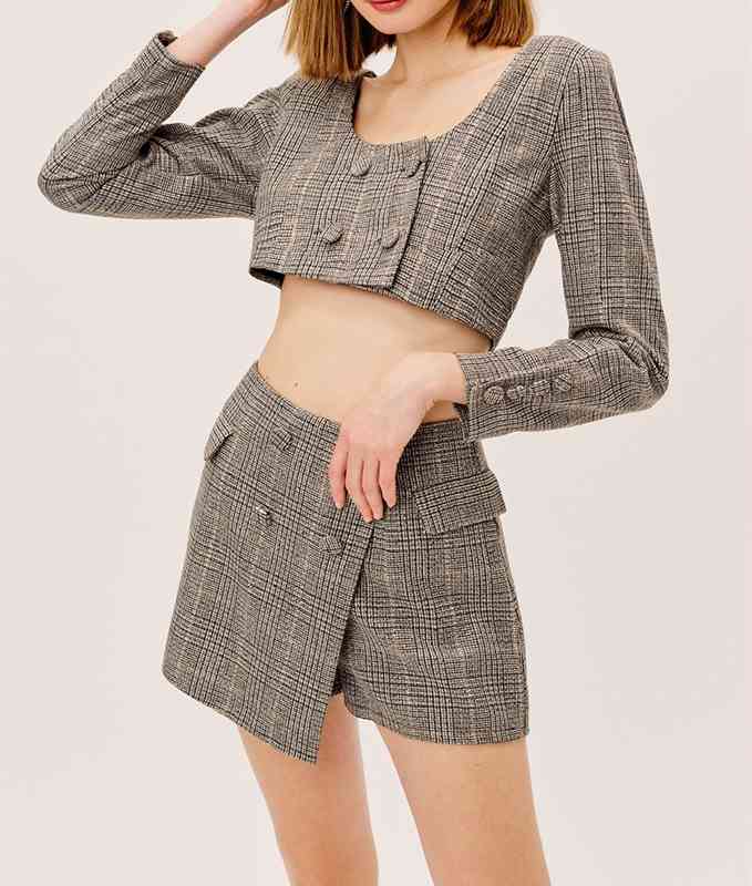 Spring Vintage Office Ladies Double-breasted Plaid Short Suit Jacket Cropped Tops + High Waist Mini Skirts Women 210514