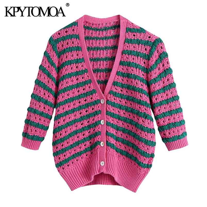 Women Fashion Striped Cropped Knitted Cardigan Sweater V Neck Short Sleeve Female Outerwear Chic Tops 210420