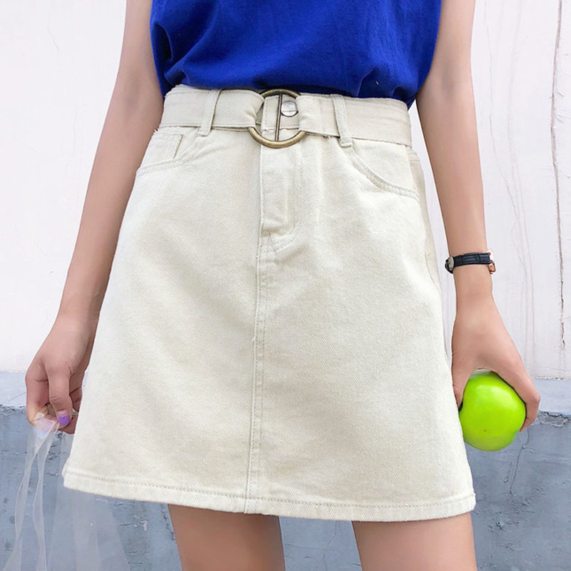 Summer Fashion Women Skirts Denim High Waist A-line Mini with Belt Solid Jean Harajuku 6066 50 210506
