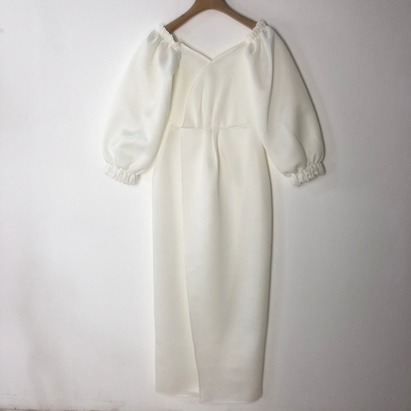 Women Dress V Neck Puff Sleeve White es Elegant Long es Short High Waist Split Sexy Autumn 210513