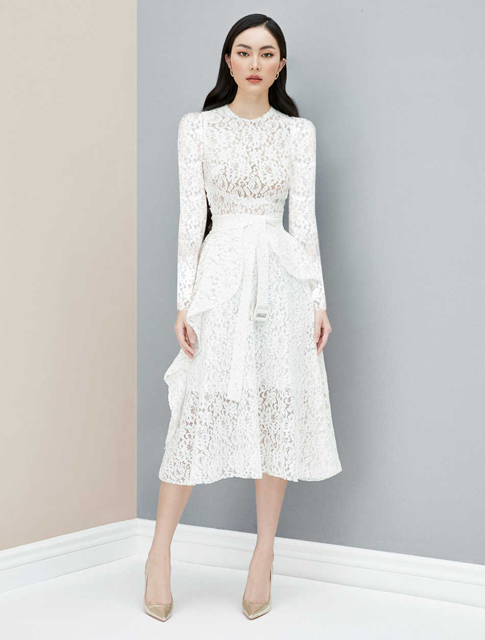 Summer And Retro Elegant Fashion Women'S Lace Runway Ruffled Sexy White Office Work Clothes Belt Long Dress 210527