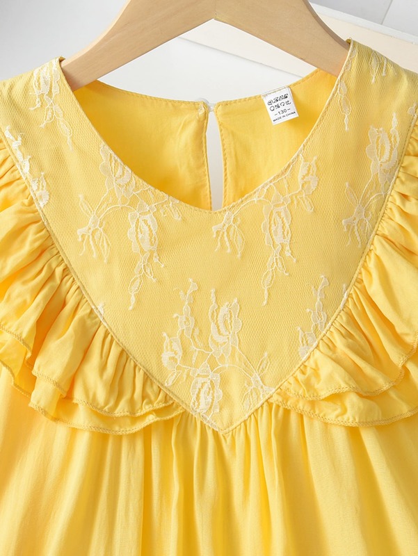 Girls Ruffle Trim Lace Panel Dress SHE
