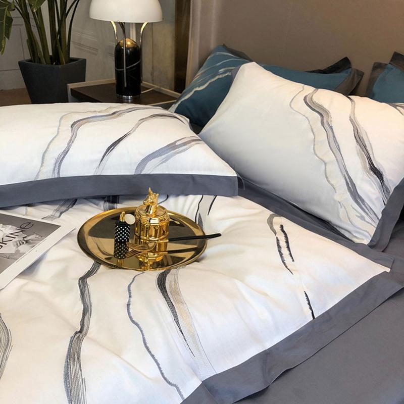 Papa&Mima Brief Marble Print Bedding Set Satin Egyptian Cotton Duvet Cover Queen King Size Linens Sheet Pillowcases Sets