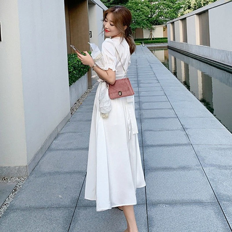 Summer Silk Satin White Ruffle Women Sexy Puff Sleeve Split Dress Korean Elegant Chiffon Fairy Dresses 13348 210417
