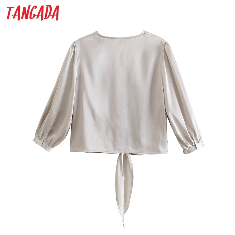 Women Retro Bow Crop Satin Shirt Summer Blouse Long Sleeve Chic Female Short Tops CE131 210416