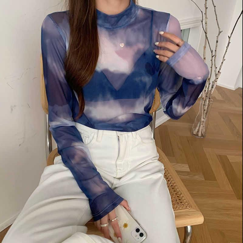 Yedinas Tie Dye Mesh Tops Sexy Turtleneck Summer T-shirt Women Spring See Through Long Sleeve Tshirts Y2k Fashion T Shirts 210527