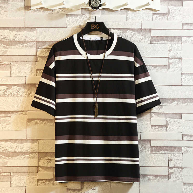 Men T Shirt Summer Fashion O-Neck Short-Sleeved Hip Hop Striped T-Shirt Man Casual Oversized Top Tees Plus Size 5XL 210528