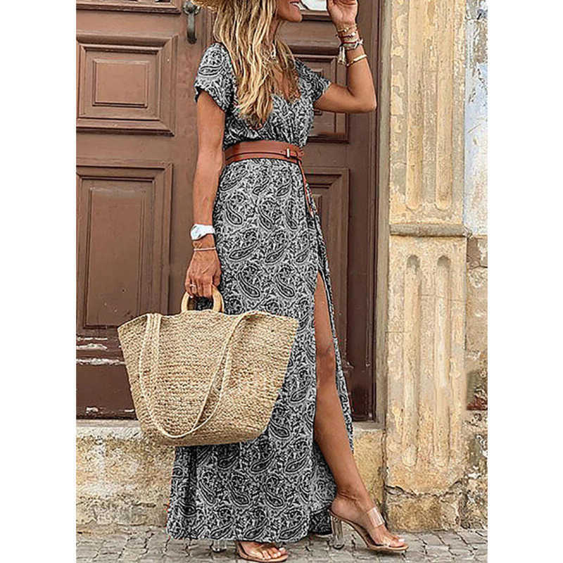 Summer Boho Long Dres Casual 7 Colors Printed V Neck Tunic Party es Female Elegant High Slit Beach Robe 210623