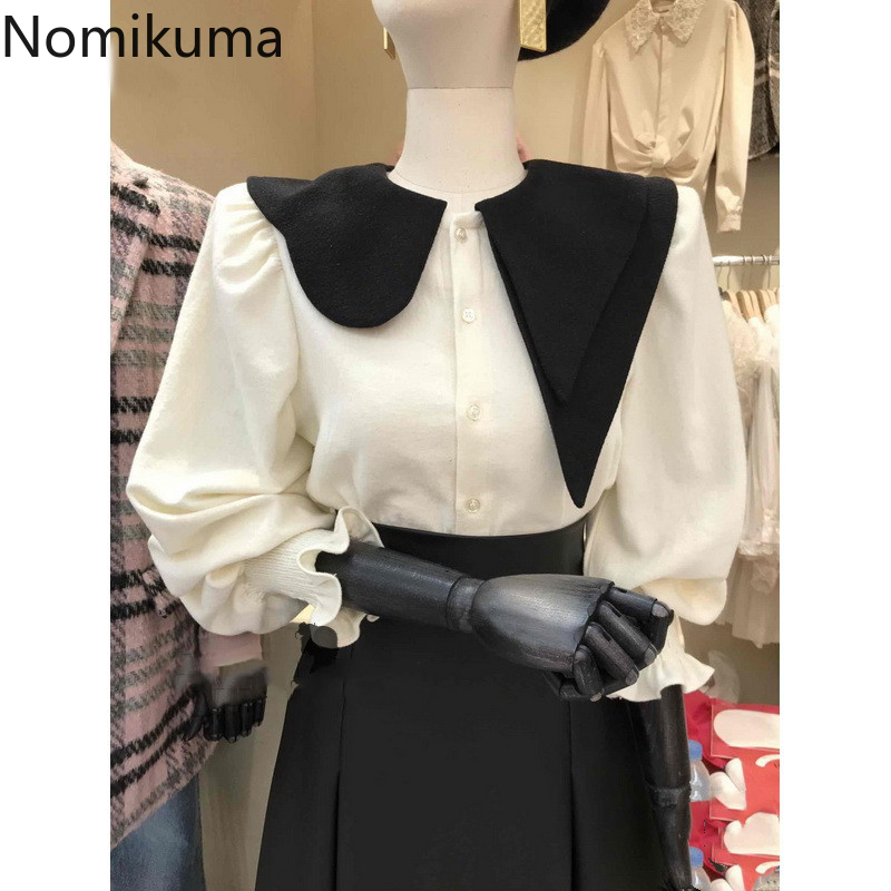 Nomikuma Spring New Women Blouse Shirt Korean Hit Color Peter Pan Collar Patchwork Blusas Long Sleeve Elegant Tops 6E044 210427