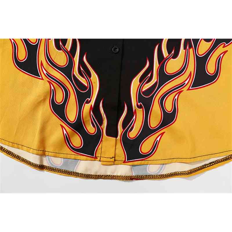 Chic Girls Harajuku 3D Flame Printed Shirts Lapel Loose Blouses Short-sleeved Cardigan Single-breasted Tops Streetwear 210519