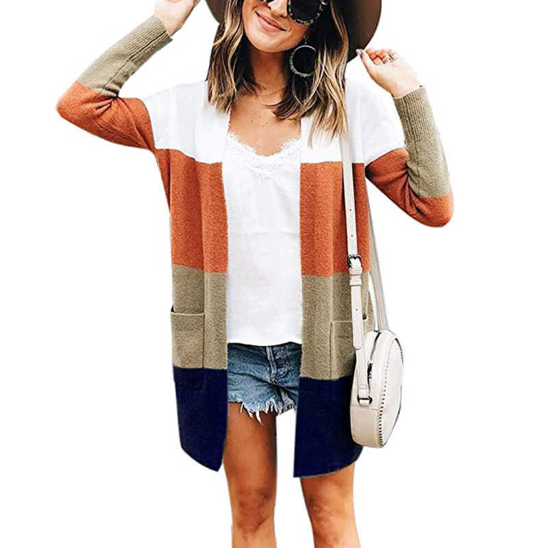 Winter Sweater Women Patchwork Colors Long Cardigan Sleeve Pockets V-Neck Female Casual Slim Fit Tops 210604