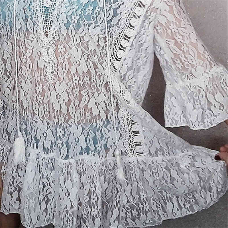 White Lace Cover up Beach Swimwear Bikini Dress Tunic ups Beachwear Large Size Robe de Plage Saida Praia #Q323 210420