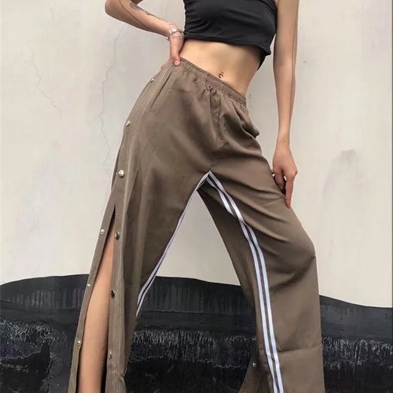 Nomikuma Side Buttons Split Wide Leg Pants Women Causal Sweatpants Autumn Stretch High Waist Striped Long Trousers 6B992 210427